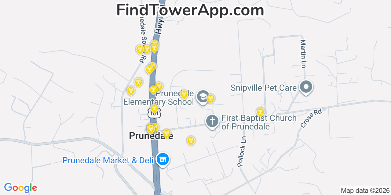 Map showing the 20 primary cell tower locations detected in Prunedale, California from AT&T, Verizon, and T-Mobile networks