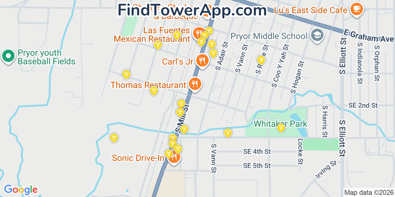 Map showing the 20 primary cell tower locations detected in Pryor Creek, Oklahoma from AT&T, Verizon, and T-Mobile networks