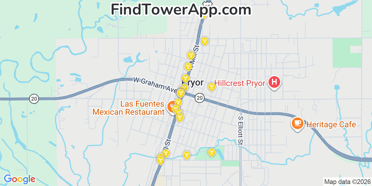 Map showing the 20 primary cell tower locations detected in Pryor, Oklahoma from AT&T, Verizon, and T-Mobile networks