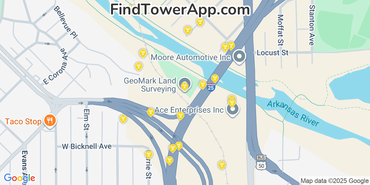 Map showing the 20 primary cell tower locations detected in Pueblo, Colorado from AT&T, Verizon, and T-Mobile networks