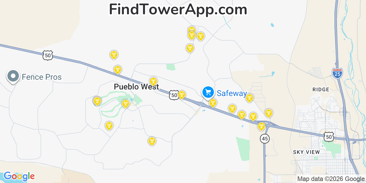 Map showing the 20 primary cell tower locations detected in Pueblo West, Colorado from AT&T, Verizon, and T-Mobile networks