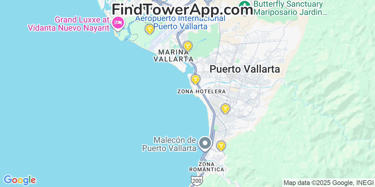 Map showing the 20 primary AT&T cell tower locations detected in Puerto Vallarta, Mexico with coverage radius and signal strength indicators