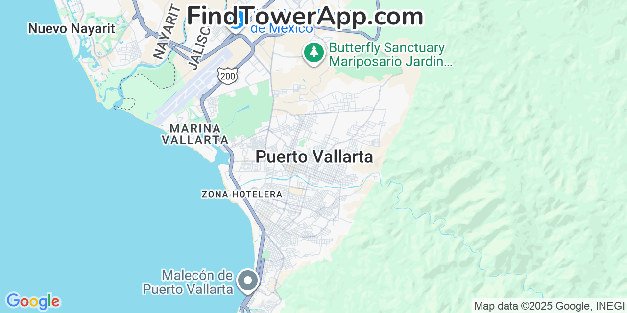 Map showing the 0 primary Altán-Redes-S.A.P.I.-de-C.V. cell tower locations detected in Puerto Vallarta, Mexico with coverage radius and signal strength indicators