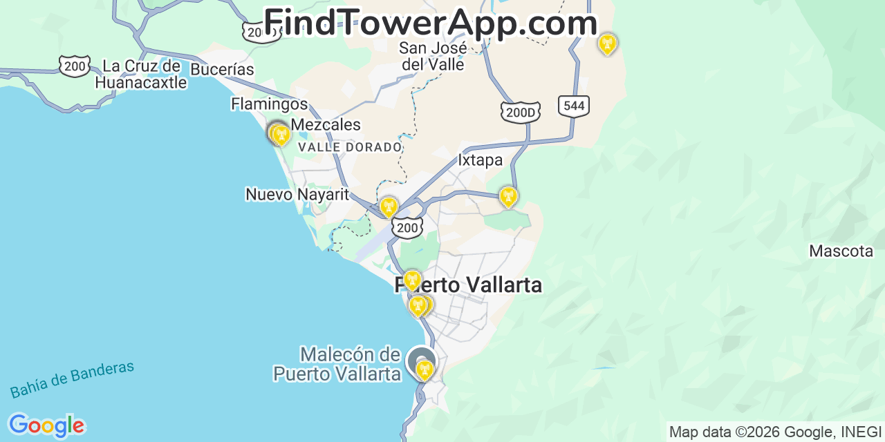 Map showing the 26 primary Altan Redes cell tower locations in Puerto Vallarta, Mexico