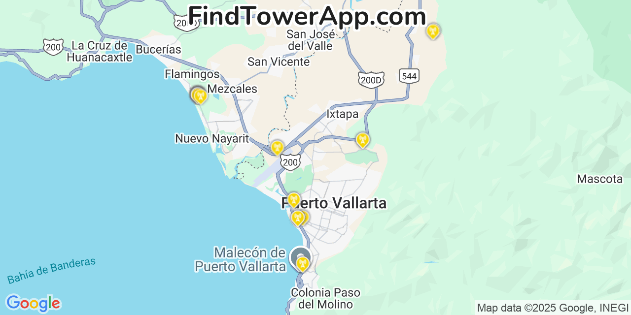 Map showing the 26 primary Altán Redes S.A.P.I. de C.V. cell tower locations in Puerto Vallarta, Mexico