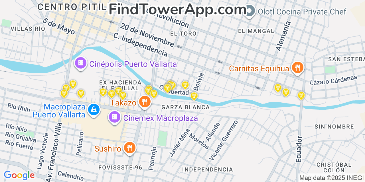 Map showing the 20 primary cell tower locations detected in Puerto Vallarta, Mexico with coverage areas and signal strength