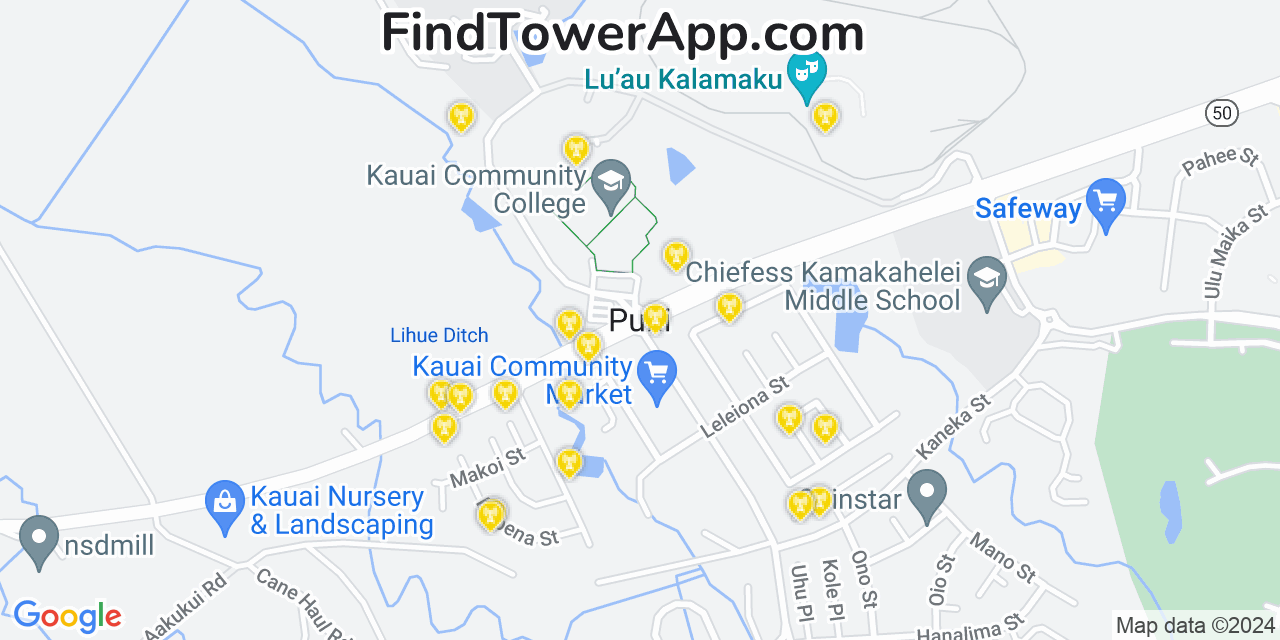 AT&T 4G/5G cell tower coverage map Puhi, Hawaii