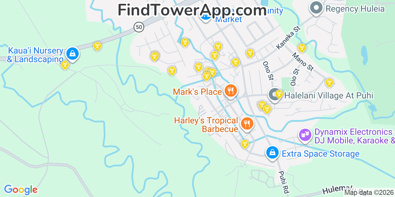 Map showing the 20 primary cell tower locations detected in Puhi, Hawaii from AT&T, Verizon, and T-Mobile networks