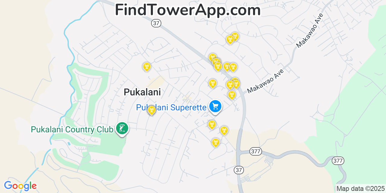Map showing the 20 primary cell tower locations detected in Pukalani, Hawaii from AT&T, Verizon, and T-Mobile networks