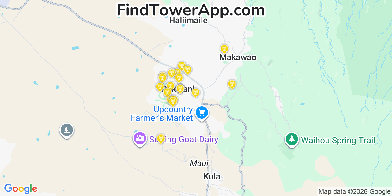 Map showing the 20 primary cell tower locations detected in Pukalani, Hawaii from AT&T, Verizon, and T-Mobile networks