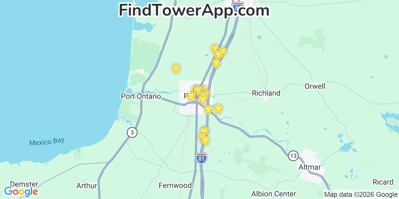 Map showing the 20 primary cell tower locations detected in Pulaski, New York from AT&T, Verizon, and T-Mobile networks