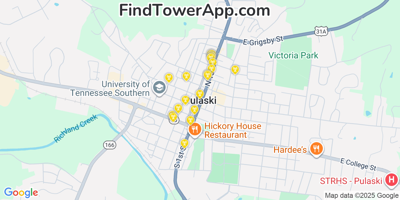 Map showing the 20 primary cell tower locations detected in Pulaski, Tennessee from AT&T, Verizon, and T-Mobile networks