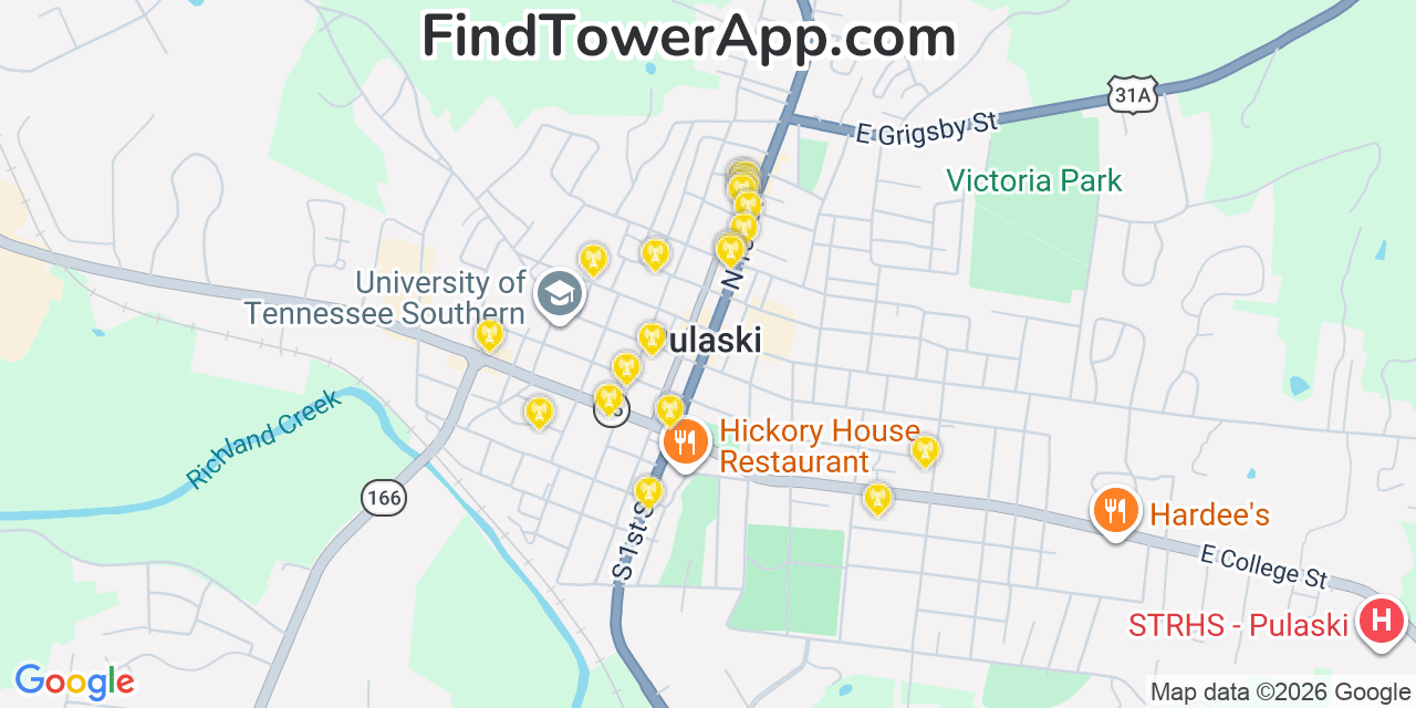 Map showing the 20 primary cell tower locations detected in Pulaski, Tennessee from AT&T, Verizon, and T-Mobile networks