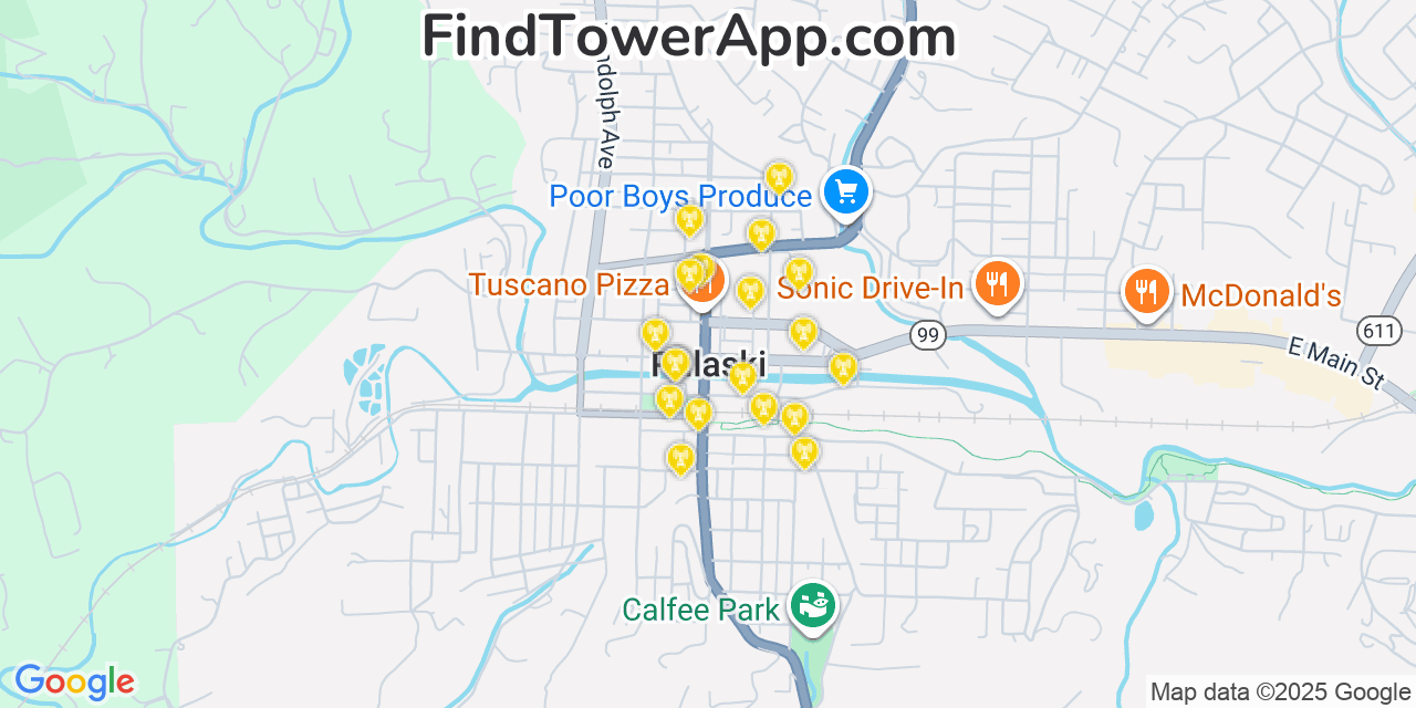 Map showing the 20 primary cell tower locations detected in Pulaski, Virginia from AT&T, Verizon, and T-Mobile networks