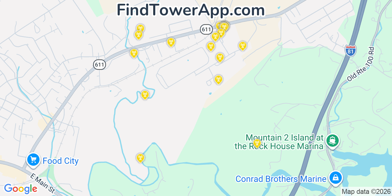 Map showing the 20 primary cell tower locations detected in Pulaski, Virginia from AT&T, Verizon, and T-Mobile networks