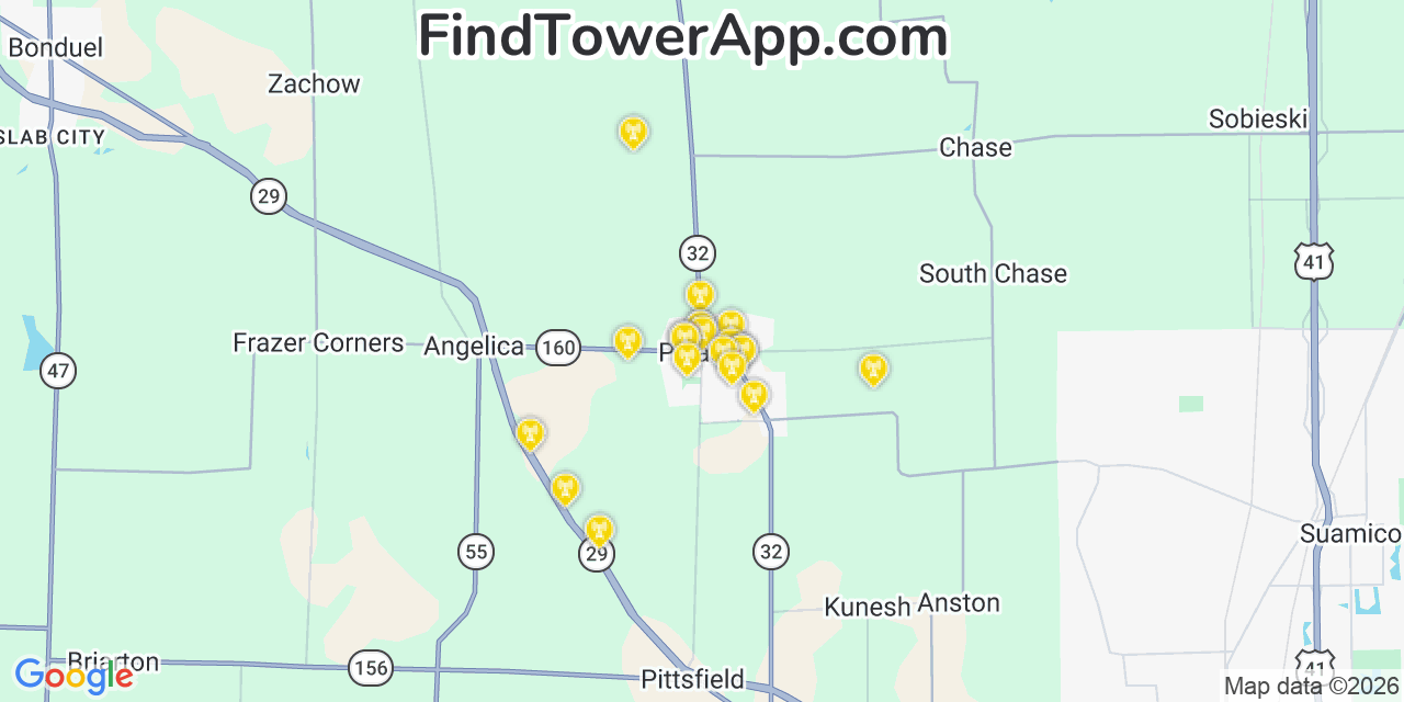 Map showing the 20 primary cell tower locations detected in Pulaski, Wisconsin from AT&T, Verizon, and T-Mobile networks