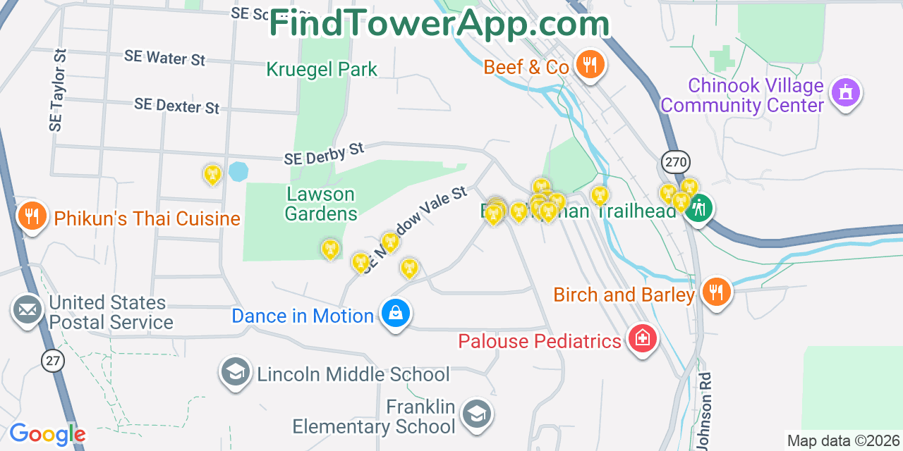 Map showing the 20 primary cell tower locations detected in Pullman, Washington from AT&T, Verizon, and T-Mobile networks