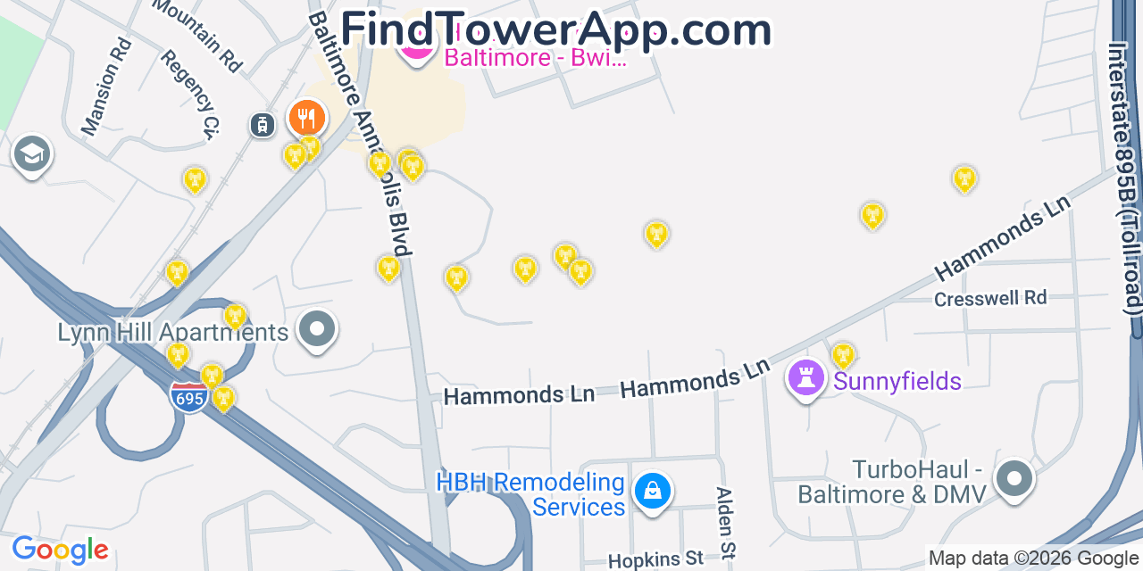 Map showing the 20 primary cell tower locations detected in Pumphrey, Maryland from AT&T, Verizon, and T-Mobile networks