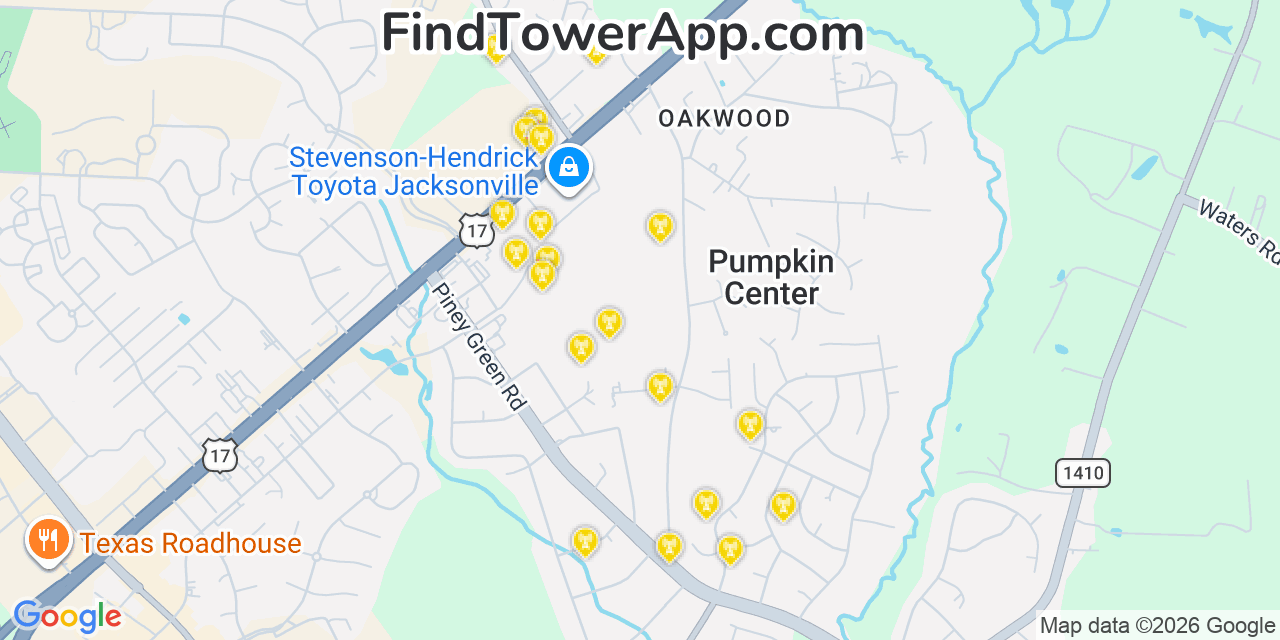 Map showing the 20 primary cell tower locations detected in Pumpkin Center, North Carolina from AT&T, Verizon, and T-Mobile networks