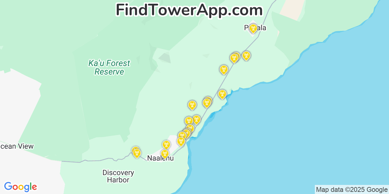 Map showing the 35 primary AT&T cell tower locations detected in Punalu‘u, Hawaii with coverage radius and signal strength indicators
