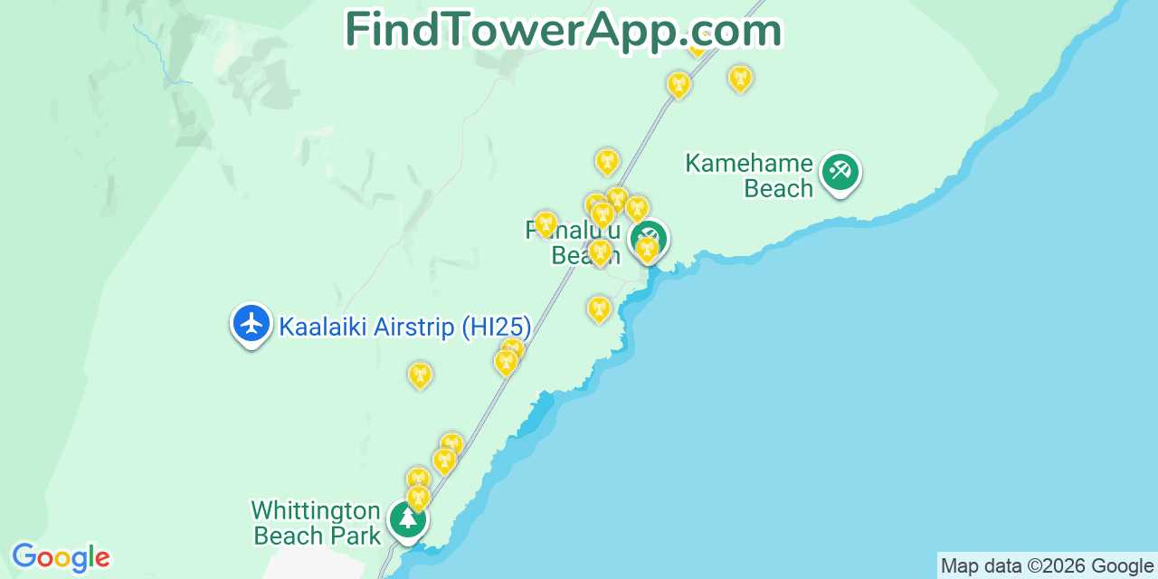 Map showing the 20 primary cell tower locations detected in Punalu‘u, Hawaii from AT&T, Verizon, and T-Mobile networks
