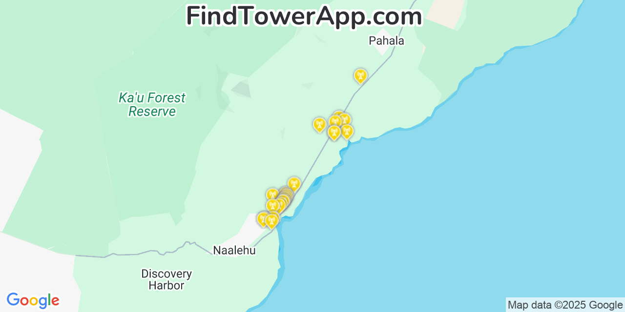 Map showing the 25 primary T-Mobile cell tower locations detected in Punalu‘u, Hawaii with coverage radius and signal strength indicators