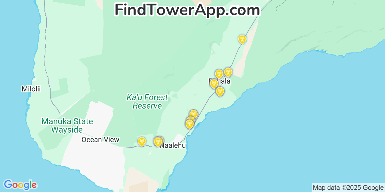 Map showing the 26 primary Verizon cell tower locations detected in Punalu‘u, Hawaii with coverage radius and signal strength indicators