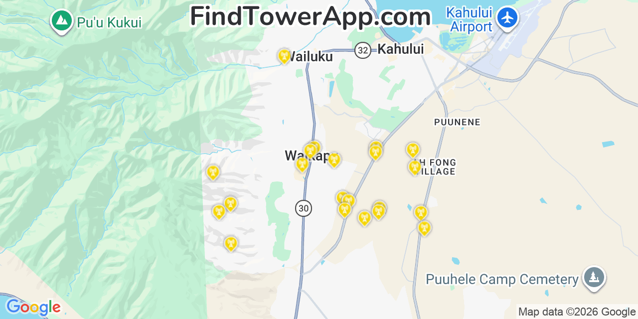 Map showing the 21 primary AT&T cell tower locations detected in Punaluï¿½U, Hawaii with coverage radius and signal strength indicators