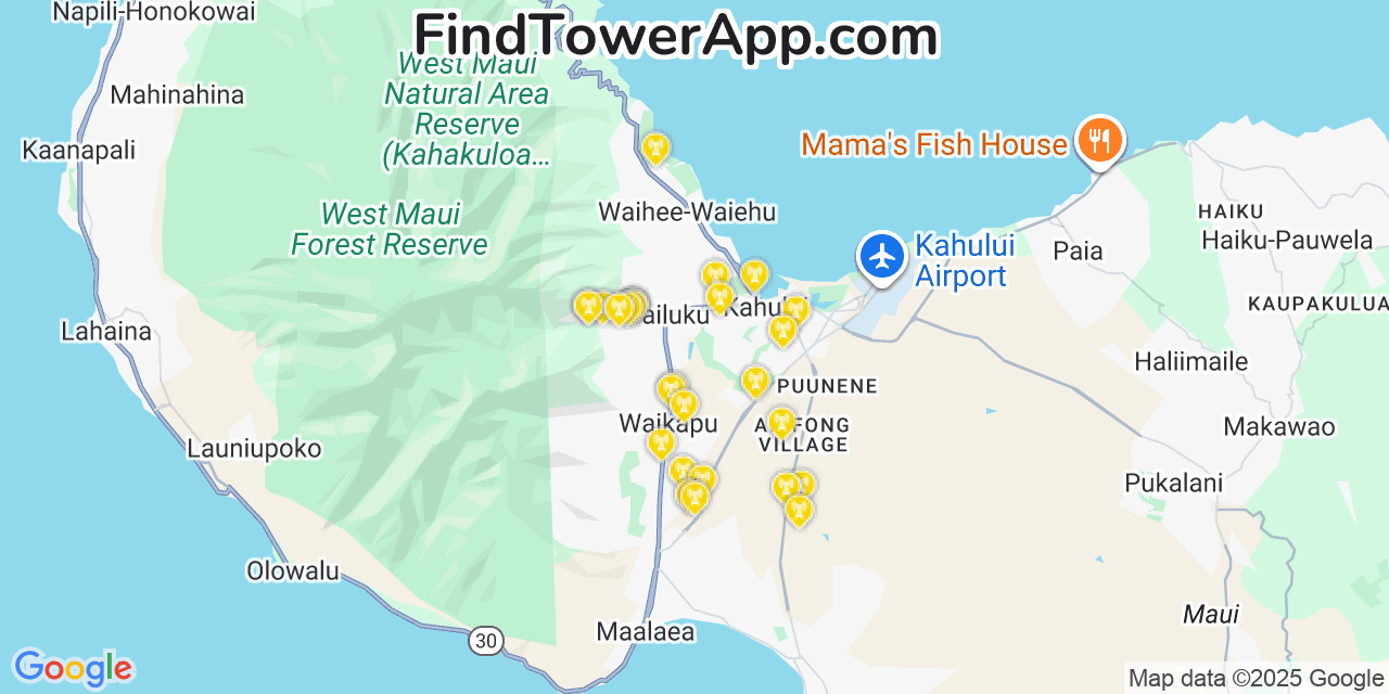 Map showing the 27 primary T-Mobile cell tower locations detected in Punaluï¿½U, Hawaii with coverage radius and signal strength indicators