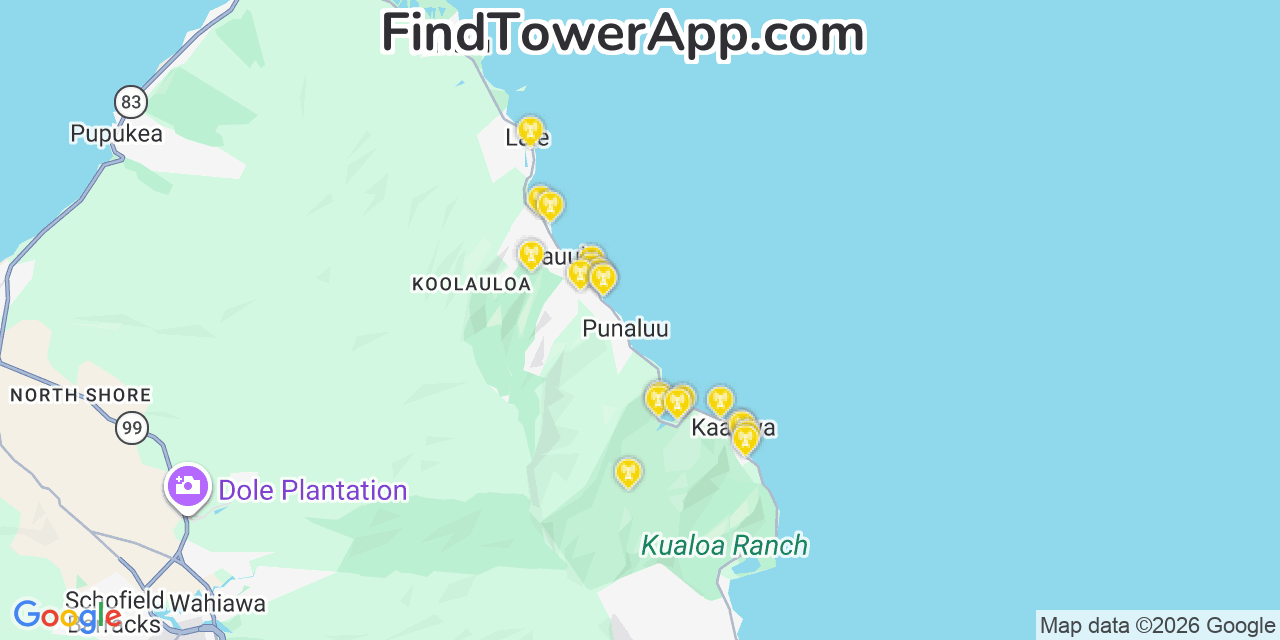 Map showing the 20 primary cell tower locations detected in Punaluu, Hawaii from AT&T, Verizon, and T-Mobile networks