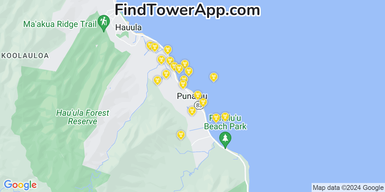 Verizon 4G/5G cell tower coverage map Punaluu, Hawaii