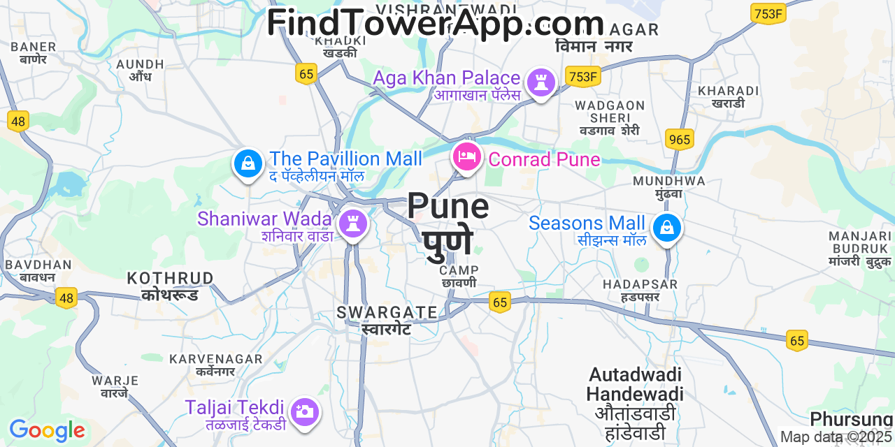 Map showing the 0 primary Delhi--NCR cell tower locations detected in Pune, India with coverage radius and signal strength indicators