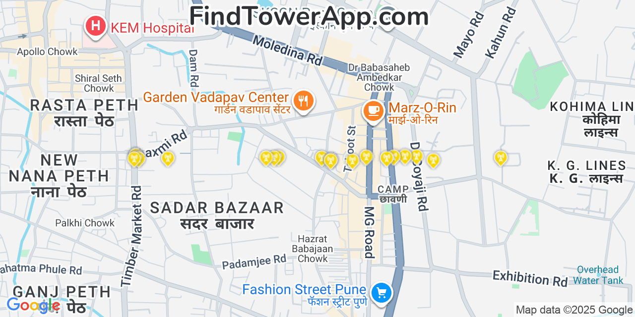 Map showing the 20 primary cell tower locations detected in Pune, India with coverage areas and signal strength