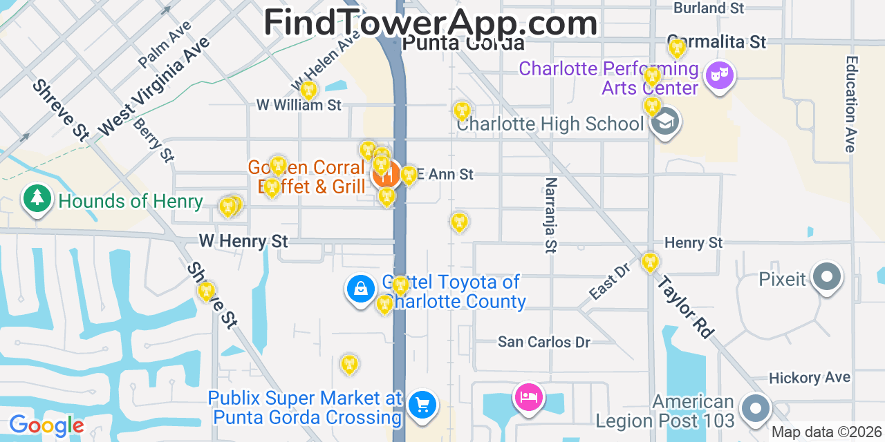 Map showing the 20 primary cell tower locations detected in Punta Gorda, Florida from AT&T, Verizon, and T-Mobile networks