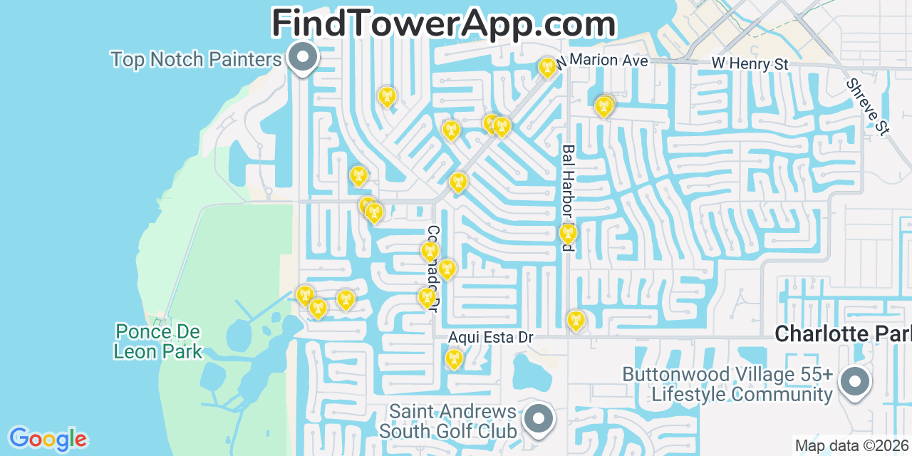 Map showing the 20 primary cell tower locations detected in Punta Gorda Isles, Florida from AT&T, Verizon, and T-Mobile networks