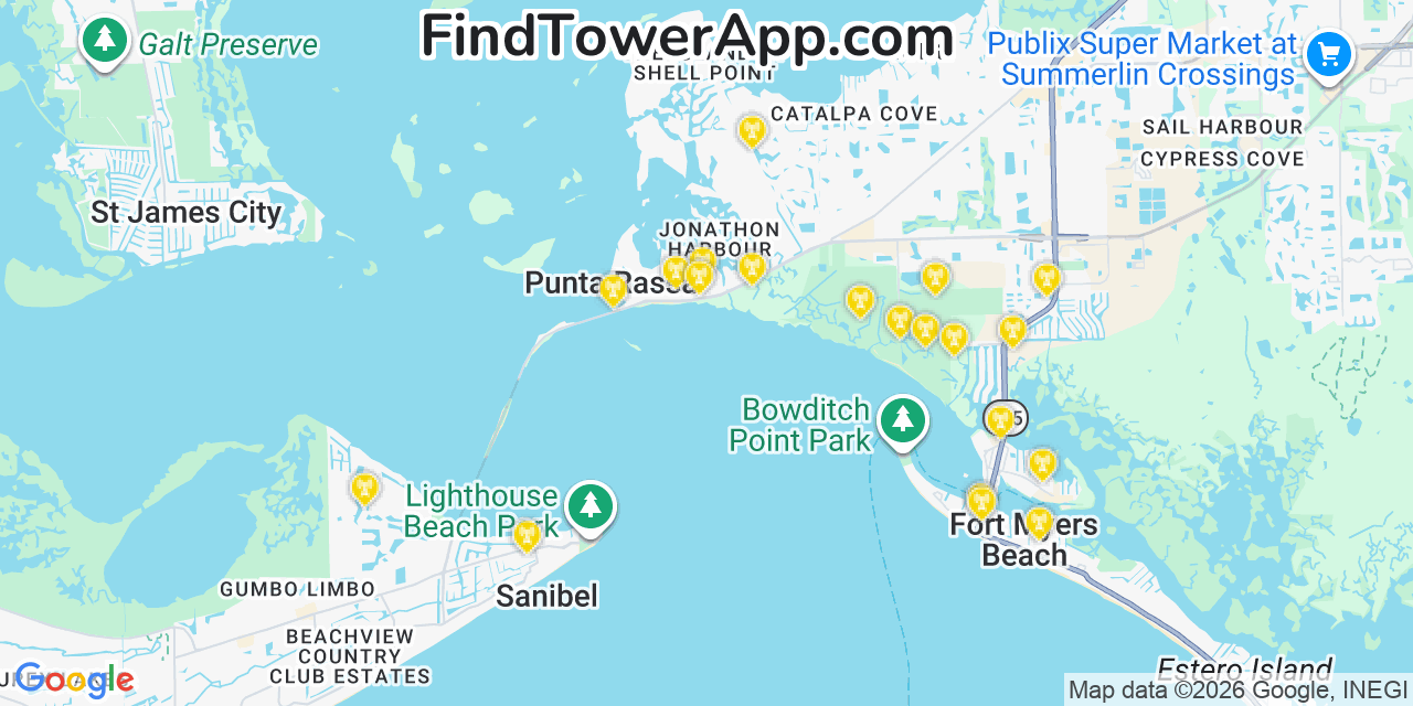 Map showing the 20 primary cell tower locations detected in Punta Rassa, Florida from AT&T, Verizon, and T-Mobile networks