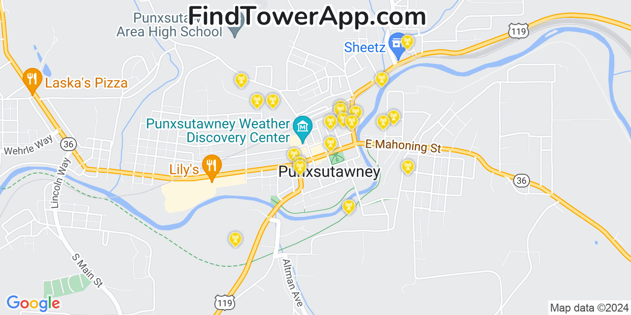 AT&T 4G/5G cell tower coverage map Punxsutawney, Pennsylvania