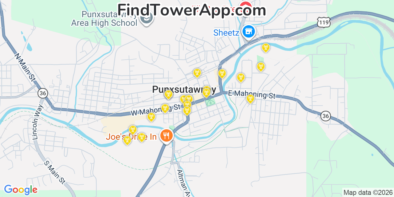 Map showing the 20 primary cell tower locations detected in Punxsutawney, Pennsylvania from AT&T, Verizon, and T-Mobile networks