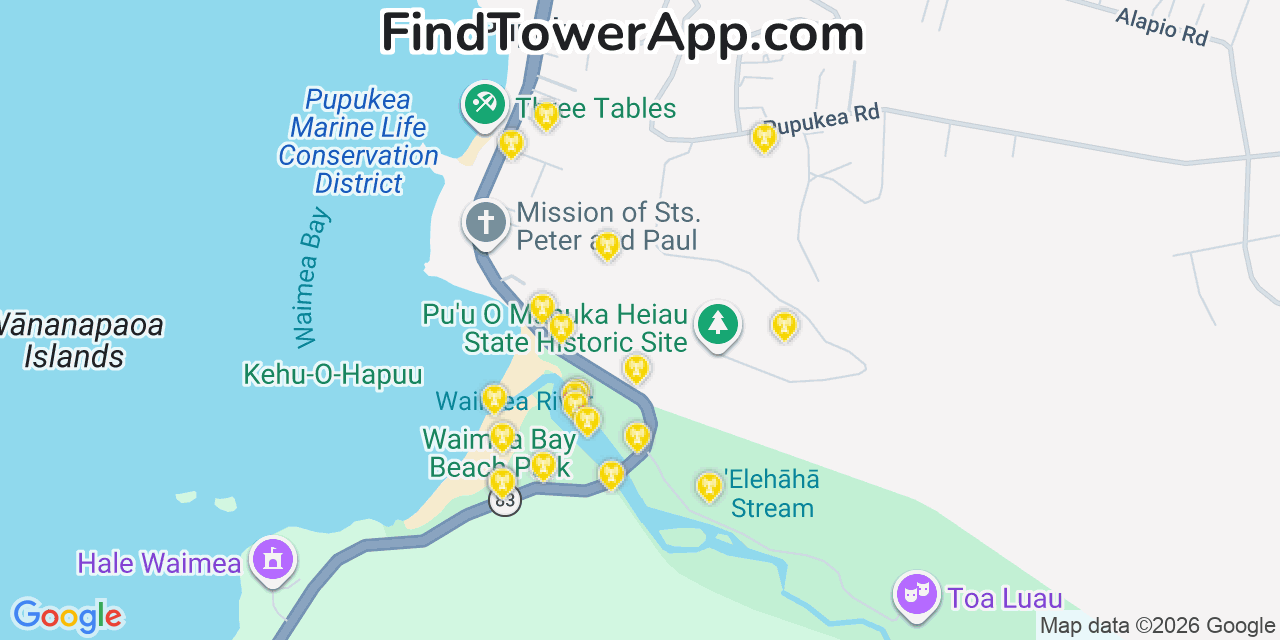 Map showing the 20 primary cell tower locations detected in Pupukea, Hawaii from AT&T, Verizon, and T-Mobile networks