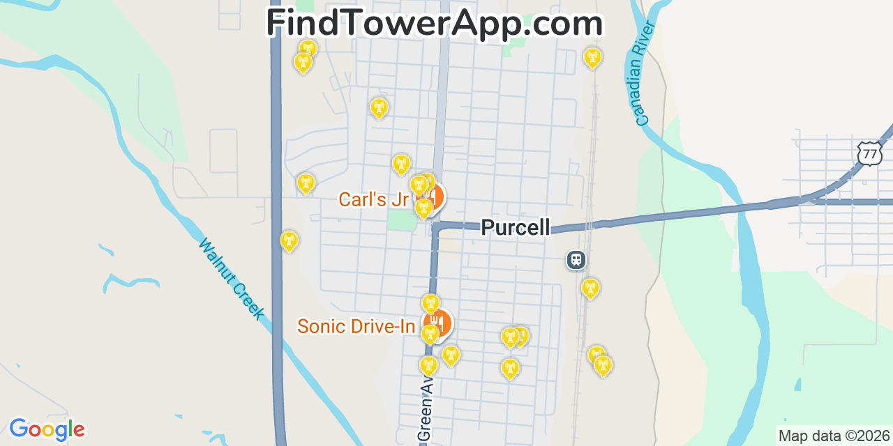 Map showing the 20 primary cell tower locations detected in Purcell, Oklahoma from AT&T, Verizon, and T-Mobile networks