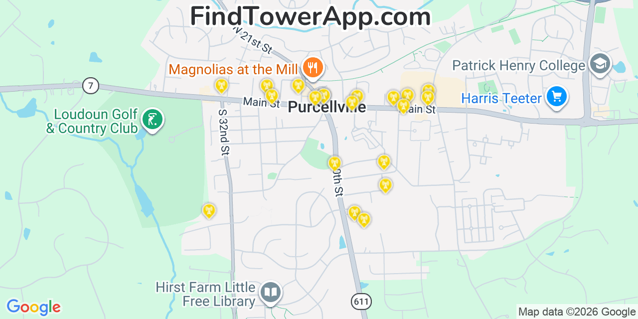 Map showing the 20 primary cell tower locations detected in Purcellville, Virginia from AT&T, Verizon, and T-Mobile networks