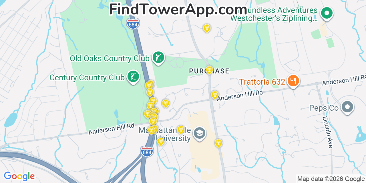 Map showing the 20 primary cell tower locations detected in Purchase, New York from AT&T, Verizon, and T-Mobile networks