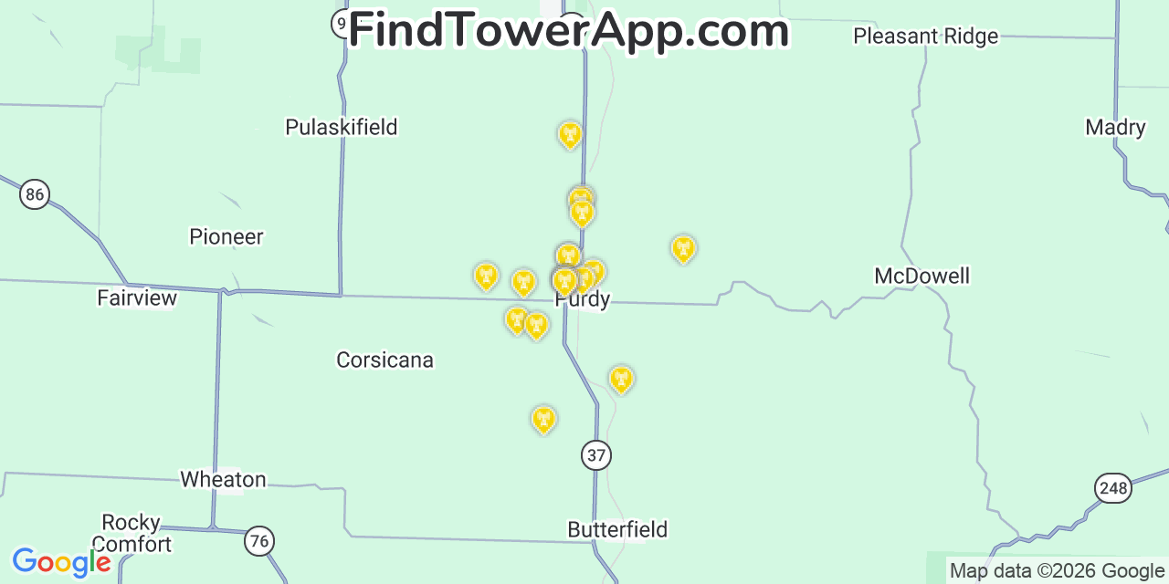 Map showing the 20 primary cell tower locations detected in Purdy, Missouri from AT&T, Verizon, and T-Mobile networks