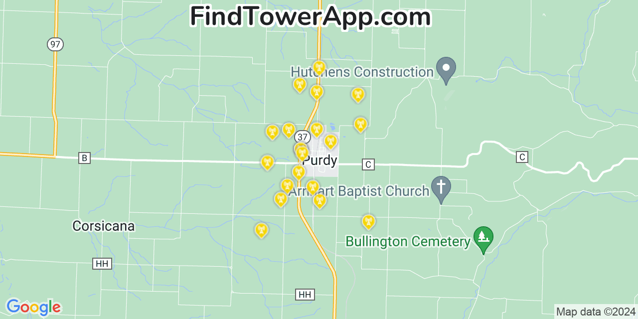 Verizon 4G/5G cell tower coverage map Purdy, Missouri