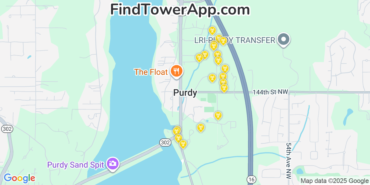 Map showing the 20 primary cell tower locations detected in Purdy, Washington from AT&T, Verizon, and T-Mobile networks