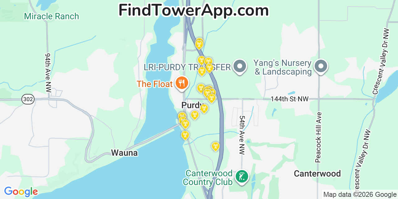 Map showing the 20 primary cell tower locations detected in Purdy, Washington from AT&T, Verizon, and T-Mobile networks