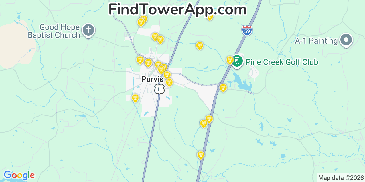 Map showing the 20 primary cell tower locations detected in Purvis, Mississippi from AT&T, Verizon, and T-Mobile networks