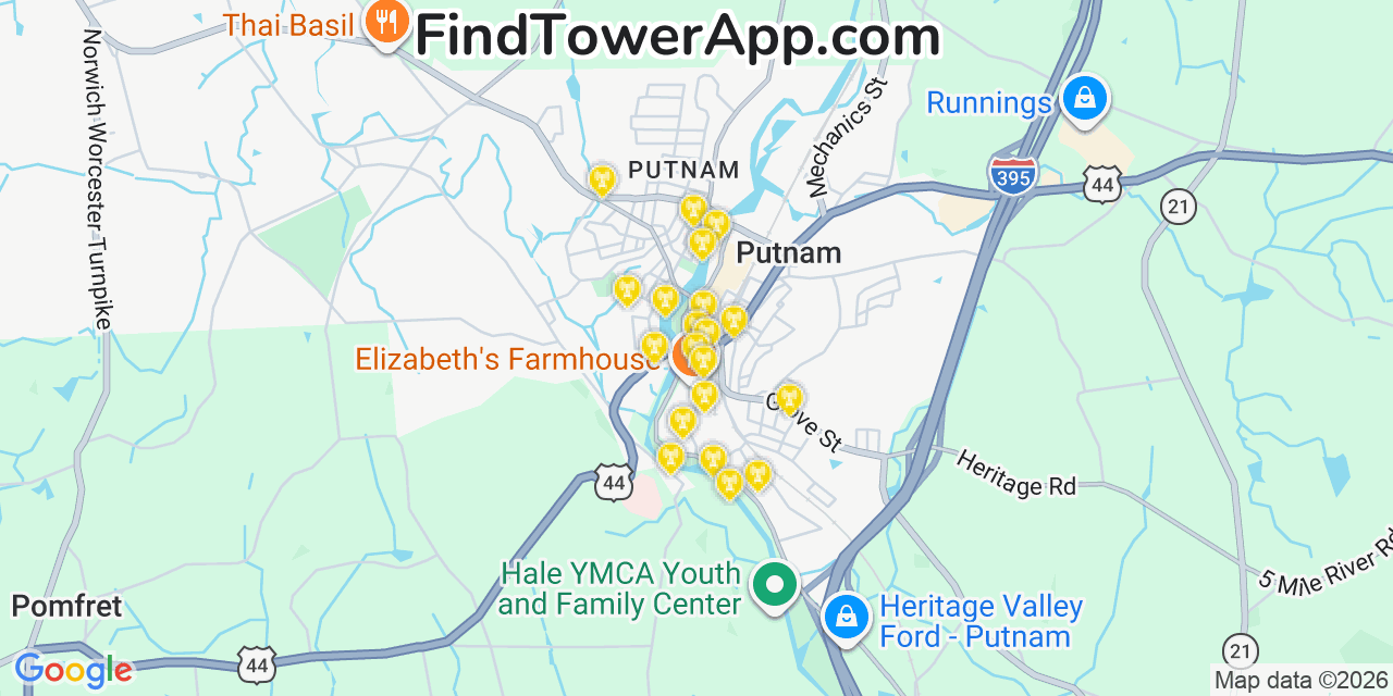 Map showing the 20 primary cell tower locations detected in Putnam, Connecticut from AT&T, Verizon, and T-Mobile networks