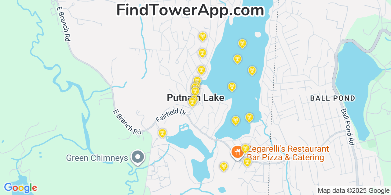 Map showing the 20 primary cell tower locations detected in Putnam Lake, New York from AT&T, Verizon, and T-Mobile networks