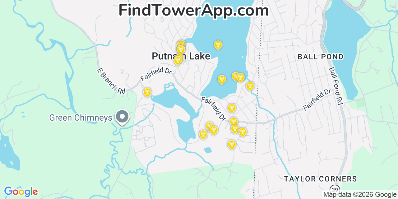 Map showing the 20 primary cell tower locations detected in Putnam Lake, New York from AT&T, Verizon, and T-Mobile networks